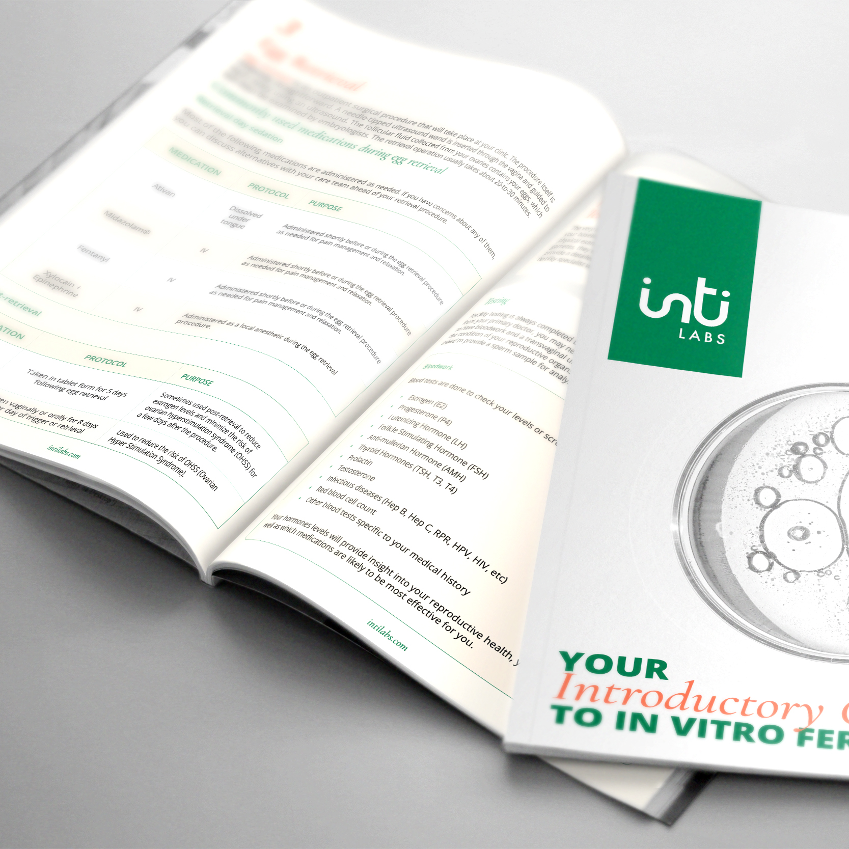 An open Inti Labs informational booklet about IVF, showing detailed medical content inside and a cover featuring the Inti Labs logo and an illustration of an egg cell.
