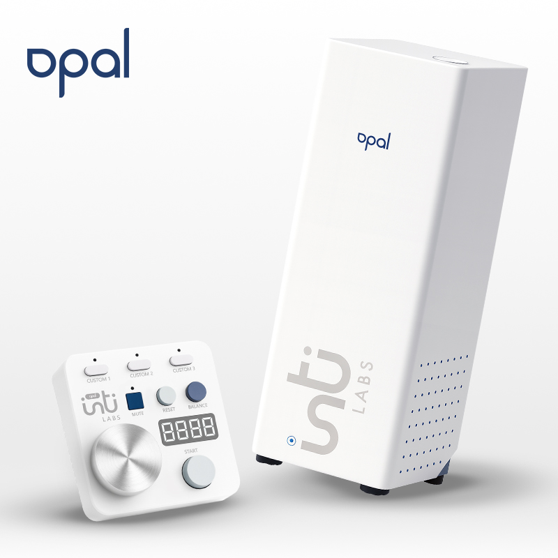Opal device by Inti Labs, a compact oocyte quality assessment system with a sleek white main unit and a control panel featuring a dial, buttons, and digital display.